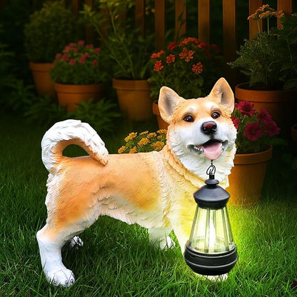 Outdoor Husky Dog Statue with Interchangeable Welcome sign and Detachable Solar Lantern –LED Light Garden Dog Sculpture Décor Garden Statue Outdoor dog statue Cute Puppy Design for Yard Porch Gift