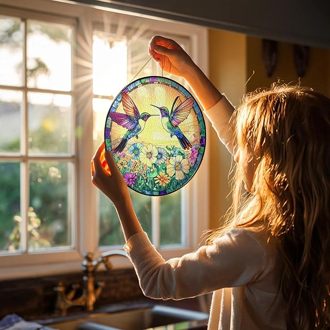 Hummingbird Suncatcher Stained Glass Window Hanging Decor, Hummingbird Gifts for Women, Birds Lovers, Spirit Birds Glass Panel Garden Decorations, Birthday Christmas for Mom, Grandma