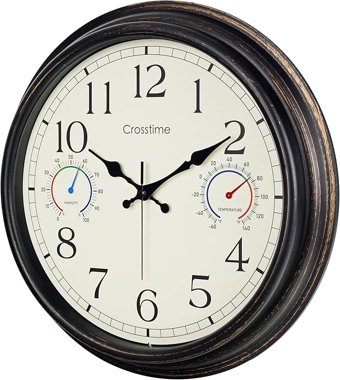 Crosstime 16 Inch Outdoor Clock Waterproof with Thermometer and Hygrometer Combo, Retro Indoor Outdoor Wall Clocks for Patio, Pool, Garden, Backyard Decor- Bronze