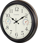 Crosstime 16 Inch Outdoor Clock Waterproof with Thermometer and Hygrometer Combo, Retro Indoor Outdoor Wall Clocks for Patio, Pool, Garden, Backyard Decor- Bronze