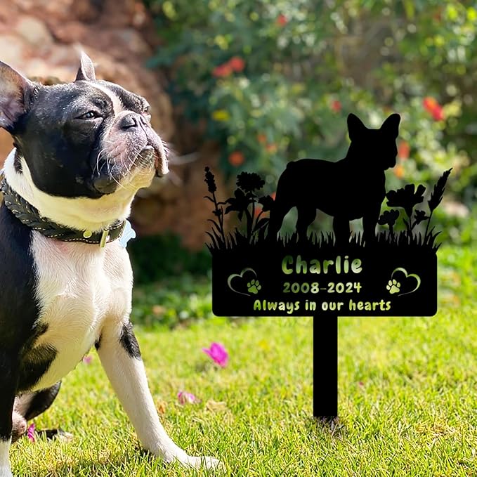 Custom French Bulldog Dog Memorial Grave Marker,Personalized Pet Dog Memorial Garden Stake,Flora Dog Memorial Plaque Burial Stake Engraved Sign,Dog Sympathy Grave Stake,Dog Statue Headstone