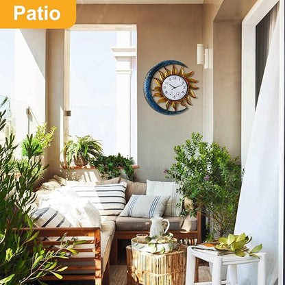 shumi Sun and Moon Outdoor Clock, Decorative Wall Clock for Patio Living Room,Silent Non-Ticking Outdoor Clock Thermometer Combo