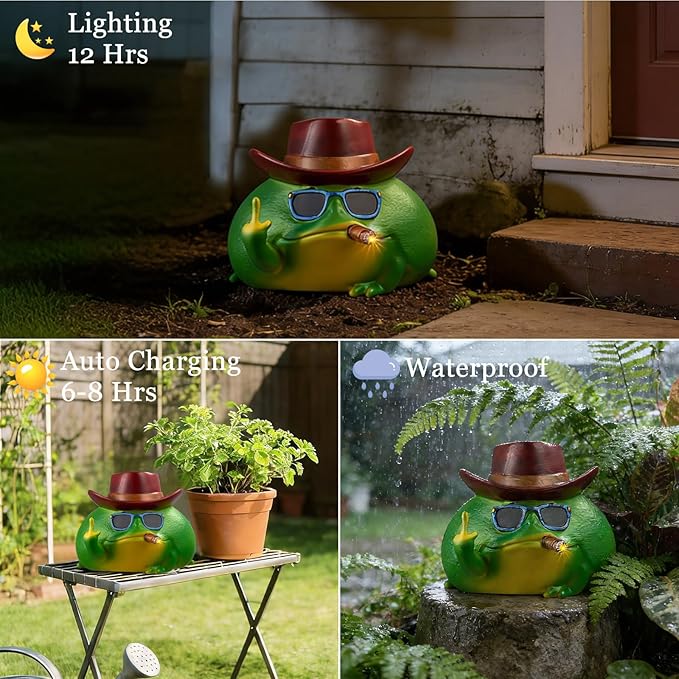Frog Garden Statue with Solar Light, Outdoor Garden Decor Figurine for Patio Yard Lawn, Funny Frog Art with LED Light, Fairy Garden Accessories, Housewarming & Valentine’s Day Gift, 7.9"x7.9"x6.1"