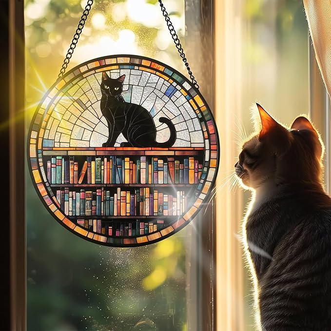 VAIIEYO Book Sun Catcher Stained Glass Window Hanging Ornament, Handmade Sun Catcher Black Cat Animal Decoration with Hooks for Window Garden Home, Christmas & Birthday Housewarming Gift (7.8 inch)