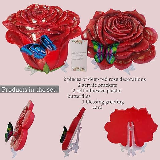 Simulated rose home decor gift - outdoor garden landscape flower stepping stone - rose for mothers, sisters, besties, grandmothers, and maternal grandmothers as a festive gift - 2-piece set, red