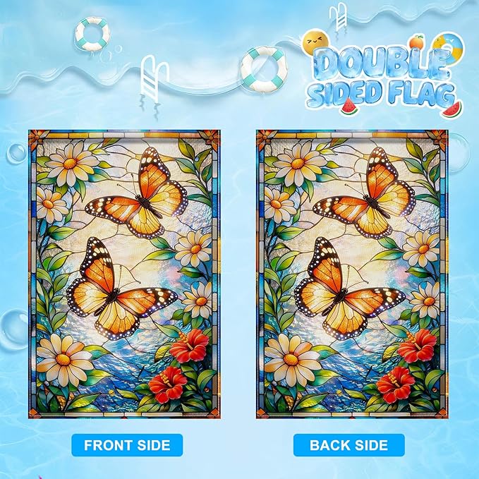 IVN Stained Glass Butterfly Garden Flag 12x18 Inch – Daisy Floral Outdoor Flag, Double Sided Burlap Spring Summer Yard Flag for Porch Lawn Patio Decor