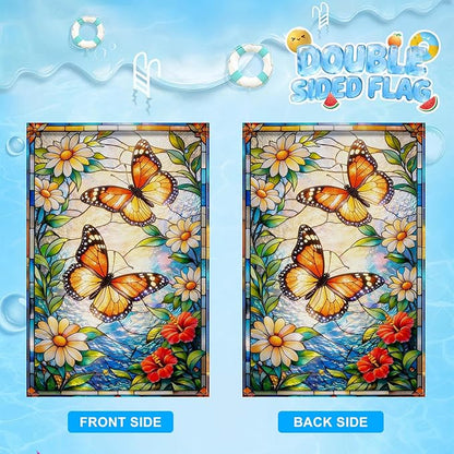 IVN Stained Glass Butterfly Garden Flag 12x18 Inch – Daisy Floral Outdoor Flag, Double Sided Burlap Spring Summer Yard Flag for Porch Lawn Patio Decor