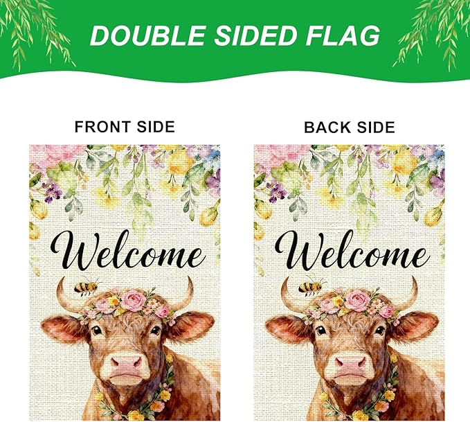 IVN Welcome Cow Spring Garden Flag 12x18 Inch Farmhouse Highland Cow Watercolor Floral Crown Bee Rustic Farmhouse Buffalo Front Door Burlap Double Sided Vertical Small Yard House Flag Seasonal Outdoor Decoration for Outside Home Lawn Porch Patio Spring...