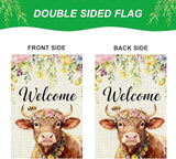 IVN Welcome Cow Spring Garden Flag 12x18 Inch Farmhouse Highland Cow Watercolor Floral Crown Bee Rustic Farmhouse Buffalo Front Door Burlap Double Sided Vertical Small Yard House Flag Seasonal Outdoor Decoration for Outside Home Lawn Porch Patio Spring...