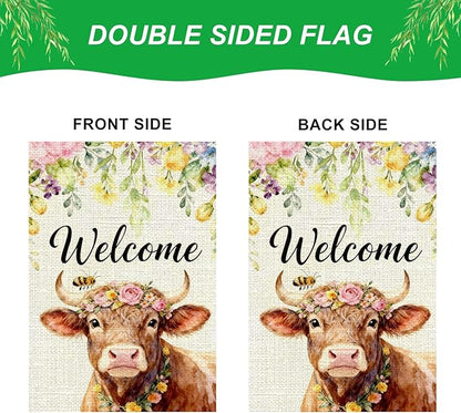 IVN Welcome Cow Spring Garden Flag 12x18 Inch Farmhouse Highland Cow Watercolor Floral Crown Bee Rustic Farmhouse Buffalo Front Door Burlap Double Sided Vertical Small Yard House Flag Seasonal Outdoor Decoration for Outside Home Lawn Porch Patio Spring...