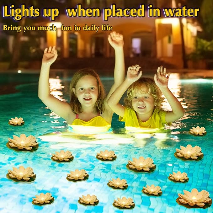 Hortsun 12 Pcs Floating Lotus Lights with Batteries Lily Pads Pool Flowers Floating Candles Decor Artificial Pond Plants Decorations for Pool Pond Outdoor Indoor (White,3.94/5.91 Inch)