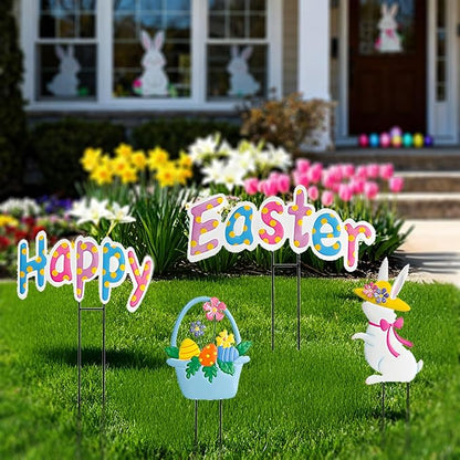 Easter decor Garden Stakes Set of 4,Easter decorations outdoor,Easter outdoor decorations yard,Metal easter yard decorations outdoor,Easter outdoor decorations, Easter Rabbit & Egg Yard Signs.