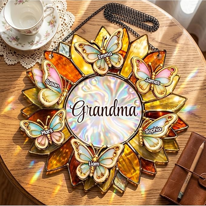Personalized Grandma Stained Glass Suncatcher, Custom Butterfly Sunflower Window Hanging with Kids Names, Decorative Hanging Ornament for Window Home Decor, Gift for Mother’s Day