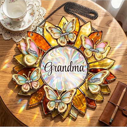 Personalized Grandma Stained Glass Suncatcher, Custom Butterfly Sunflower Window Hanging with Kids Names, Decorative Hanging Ornament for Window Home Decor, Gift for Mother’s Day