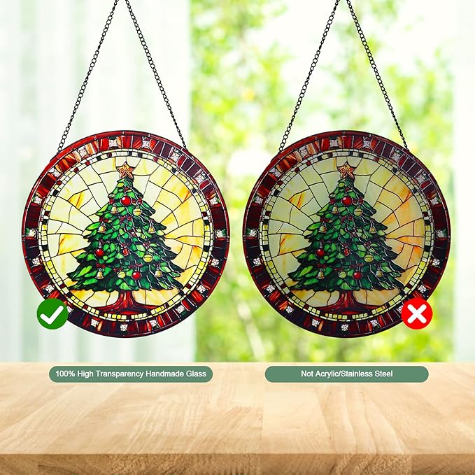 Green Christmas Tree Stained Glass Window Hanging Suncatcher with Chain - 7.9" Outdoor/Indoor Art Decor for Home Garden, Wedding, Mother's, Valentine's, Thanksgiving Ornaments Present