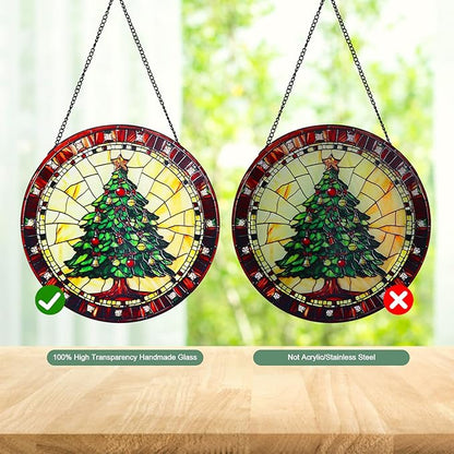Green Christmas Tree Stained Glass Window Hanging Suncatcher with Chain - 7.9" Outdoor/Indoor Art Decor for Home Garden, Wedding, Mother's, Valentine's, Thanksgiving Ornaments Present