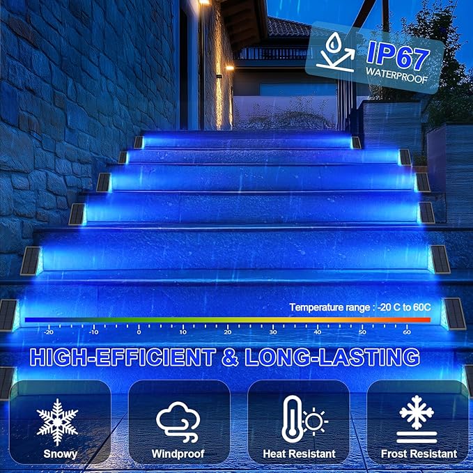 AUDLES 2 Pack Solar Stair Lights, Outdoor Step Lights with Waterproof IP67, Blue Color LED Solar Light for Outside Light Decor for Stair, Deck, Front Step, Front Porch, Patio and Backyard