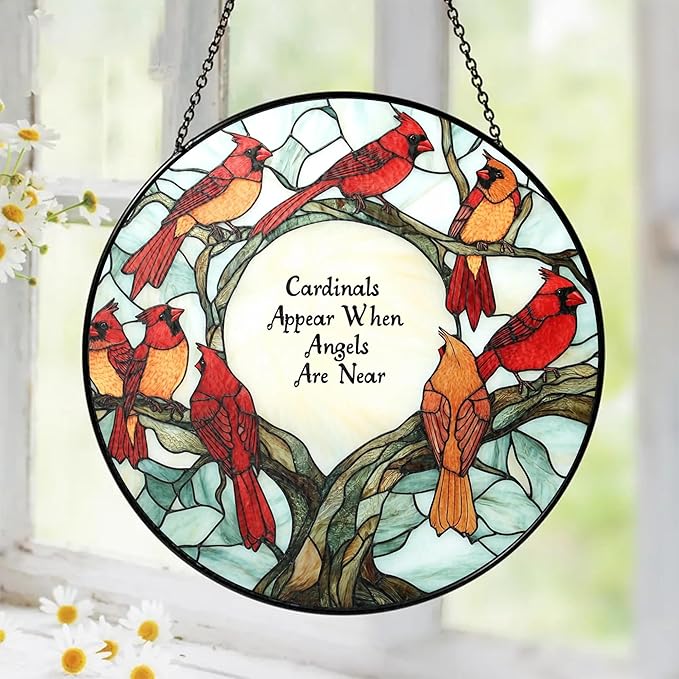 Cardinal Suncatcher Stained Glass Window Hanging Decor - Cardinal Remembrance Gifts, Cardinals Memorial Gifts for Loss of Loved One, Women Grandma Mom, Mothers Day Birthday Red Bird Lovers Gift
