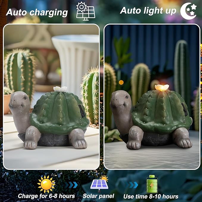 Etlemonde Solar Cactus Turtle Statue Garden Decor Light - Outdoor Decorative LED Flower, Suitable for Patio, Lawnand Garden Decorations, Gifts for Mom