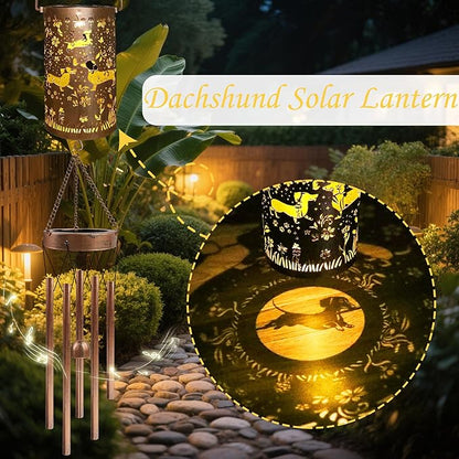 Dachshund Solar Wind Chimes for Outside, Dachshund Wiener Dog Gifts for Women Solar Lantern Windchime, Garden Decorative Hanging Lights for Patio Porch Yard Lawn Decor