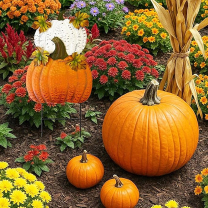 Set of 2 Rustic Metal Stacked Pumpkin Garden Stake Indoor Outdoor Welcome Decoration Hanging Metal Double Pumpkins Yard Signs for Fall Harvest Decor Thanksgiving Halloween Lawn Decoration