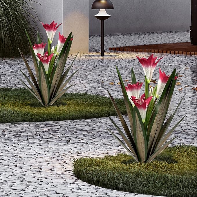 Homight Metal Agave Plant Outdoor Decoration Lily Mexican Yard Art Garden Gift Home Decor Hand Painted Metal Agave Garden Yard Statue, Outdoor Lawn Ornaments(3 Big Red Lilies)