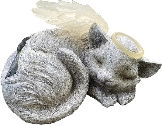 Banax Solar Powered Cat Angel Pet Memorial Tombstone Statue, Big Resin Cat Statue with Angel Wings, Pet Tribute for Tombstone or Outdoor Backyard Garden