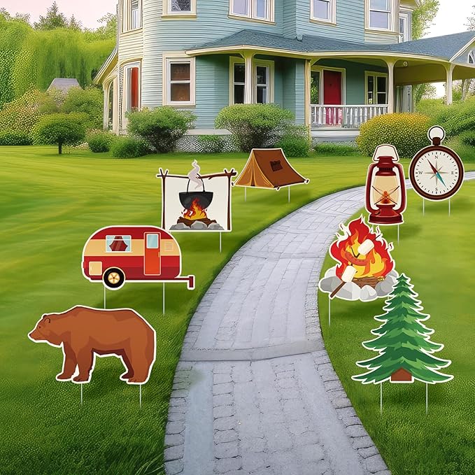 Amyhill 12 Pcs Spring Camping Yard Signs Decoration Happy Camper Decorations for Outdoor with Stakes Waterproof Decor Adventure for Summer Festive Holiday Party Patio Lawn Walkway Decorations