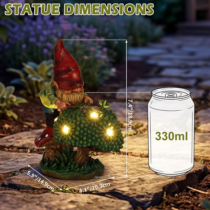 EXYGLO Solar Gnome Garden Decor Statue, 7.4" Gnome Gardener Outdoor Funny Decoration for Lawn, Patio, Yard, and Unique Housewarming, Birthday Ornament Gift for Mother, Friend, Family