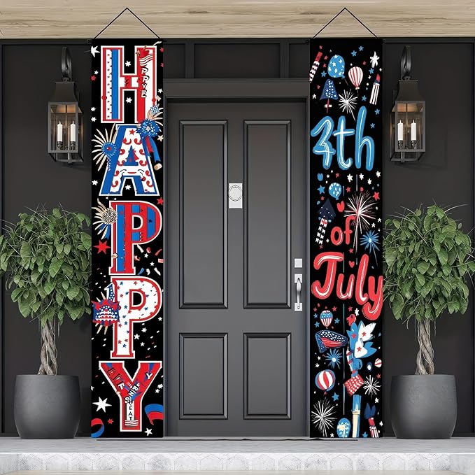 BlissYard 4th of July Decorations 2Pcs Patriotic Decor Door Banner American Flag USA Banners Hanging Porch Signs for Memorial Veterans Labor Independence Day for Front Decor Yard Indoor Outdoor Supplies