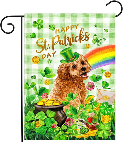 Golden Doodle St Patricks Day Garden Flag Dog St Patrick's Day Yard Flags for Outside 12x18 Double Sided Buffalo Plaid Shamrock Flag Small Outdoor Rainbow St Patrick's Decor