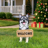 Outdoor Akita Inu Dog Statue with Interchangeable Welcome Sign and Detachable Solar Lantern –LED Light Garden Dog Sculpture Décor, Cute Puppy Design for Yard, Porch, Gift