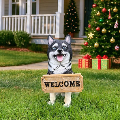 Outdoor Akita Inu Dog Statue with Interchangeable Welcome Sign and Detachable Solar Lantern –LED Light Garden Dog Sculpture Décor, Cute Puppy Design for Yard, Porch, Gift