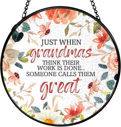 Great Grandma Flower Suncatchers Stained Glass Window Hanging, Great Grandma Gifts Sun Catchers Indoor Window Glass Round Wall Decor, 7.9x7.9in