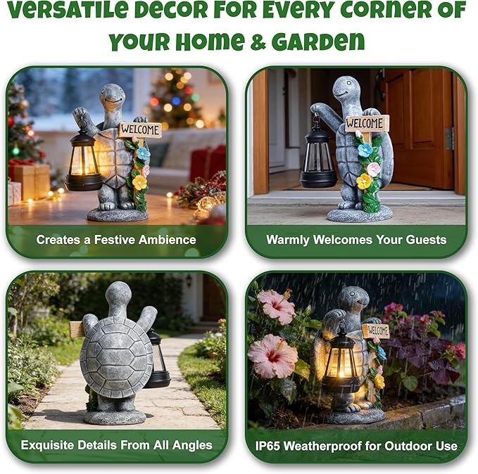 Solar Garden Statues, Resin Turtle Flower Statue w/ Welcome Sign, Waterproof Garden Figurine for Outside Yard Outdoor Home Patio Lawn Decor, Solar Animal Light for Adults Women Birthday Easter Gifts