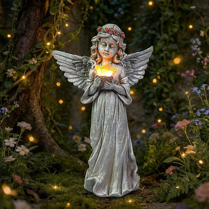 Angel Garden Statue Outdoor Decor, Angel Garden Figurine Hold Dove with Solar Lights Waterproof Resin Yard Art Decoration Lawn Ornament Sculpture for Outside Patio Yard Gift