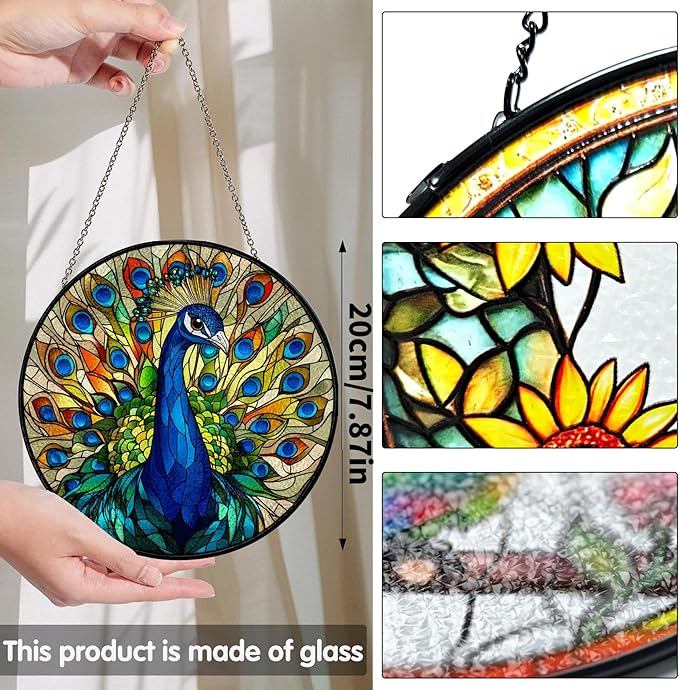 Bimkole Peacock Stained Glass Suncatcher Window Hanging - Animal Indoor Window or Doorway Decoration - Handmade Sun Catcher Decor for Garden Home Christmas & Birthday Gifts 7.87x7.87 inch