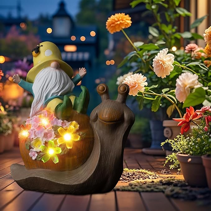 Etlemonde Solar Gnomes Outdoor Snail Garden Statue for Yard with Outdoor Decorations for Patio Mom Gift