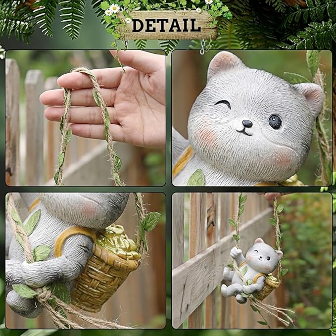 Cat Decor Garden Statue - Hanging Cat Figurine for Outdoor Patio, Cute Mini Resin Animals Yard Art, Garden Sculptures & Statues for Tree Decorations