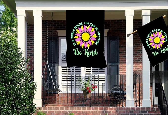 Mugod Be Kind Sunflower House Flag 28x40 Inch, Inspirational Kindness Floral Quote Design, Double Sided Burlap Yard Flag, Farmhouse Outdoor Porch Garden Decor