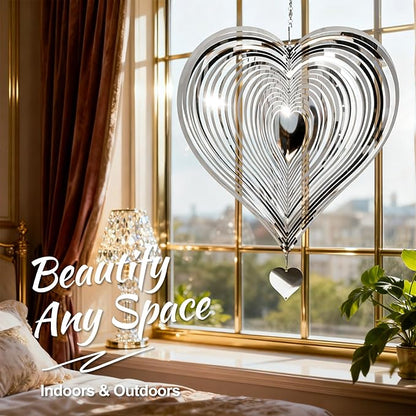 Wind Spinner Garden Decor, for Women, Gifts for Grandma and Mom, 3D Heart 12-Inch Stainless Steel Hanging Yard Spinner for Outdoor & Indoor Metal Decoration, 1 Pack