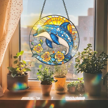 VAIIEYO Dolphin Acrylic Sun Catcher Window Hanging Decoration, 7.8 Inch Double-Sided Light Reflecting Ornament for Window, Garden, Porch or Balcony Decor, Housewarming, Gift for Natural Lovers