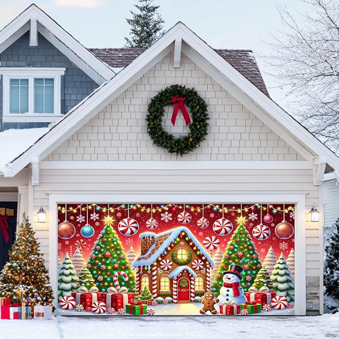 HOMETITUTE Christmas Garage Door Banner 13x6ft Gingerbread House Snowman Candy Cane Holiday Backdrop Winter Scene Indoor Outdoor Wall Hanging Seasonal Party Decorations Festive Porch Entry