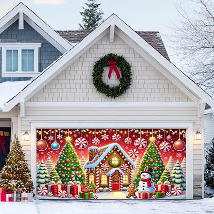HOMETITUTE Christmas Garage Door Banner 13x6ft Gingerbread House Snowman Candy Cane Holiday Backdrop Winter Scene Indoor Outdoor Wall Hanging Seasonal Party Decorations Festive Porch Entry