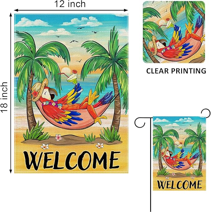 Welcome Summer Parrot Bird Decorative Garden Flag, Beach Coastal Tropical Palm Tree Yard Outside Decorations, Hawaii Sunset Nautical Seasonal Outdoor Small Home Decor Double Sided 12 x 18
