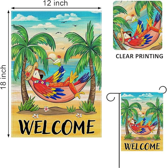 Welcome Summer Parrot Bird Decorative Garden Flag, Beach Coastal Tropical Palm Tree Yard Outside Decorations, Hawaii Sunset Nautical Seasonal Outdoor Small Home Decor Double Sided 12 x 18
