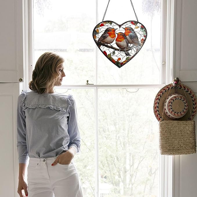 Birds Stained Glass Window Hanging, Sun Catchers Indoor Outdoor Window Hanging, Heart Suncatcher 7.9 Inch Glass Panel with Metal Chain and Hooks, Bird Decor for Home, Garden