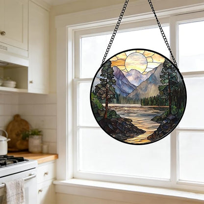 Stained Glass Window Hanging, Sunset Mountains Lake Tree Sun Catcher for Window Home Decor Landscape Suncatcher Mother's Day Birthday Gifts for Women Men Mom and Nana 15 in