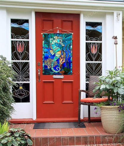Stained Glass Style Seahorse House Flag 28x40 Inch Double Sided Outside, Coastal Ocean Garden Flag Burlap Yard Flags for Summer Holiday Party Outdoor Decoration
