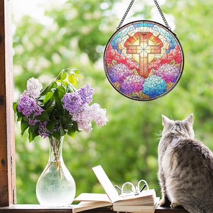 Cross Hydrangea Flower Stained Glass Window Hanging Suncatcher, Christian Cross Sun Catcher Indoor Window Decor, Christian Gifts Painted Glass Round Wall Hanging Decorations, 7.8x7.8 in